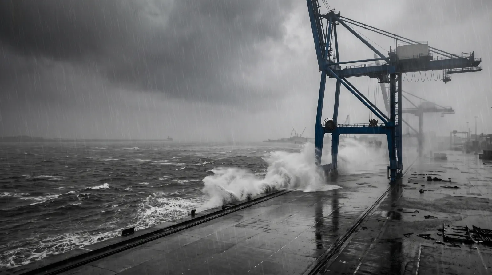 Sturm an der Kaikante: Containerkran auf der Kranschiene, Wellen brechen gegen die Kaimauer, Regen und Gischt